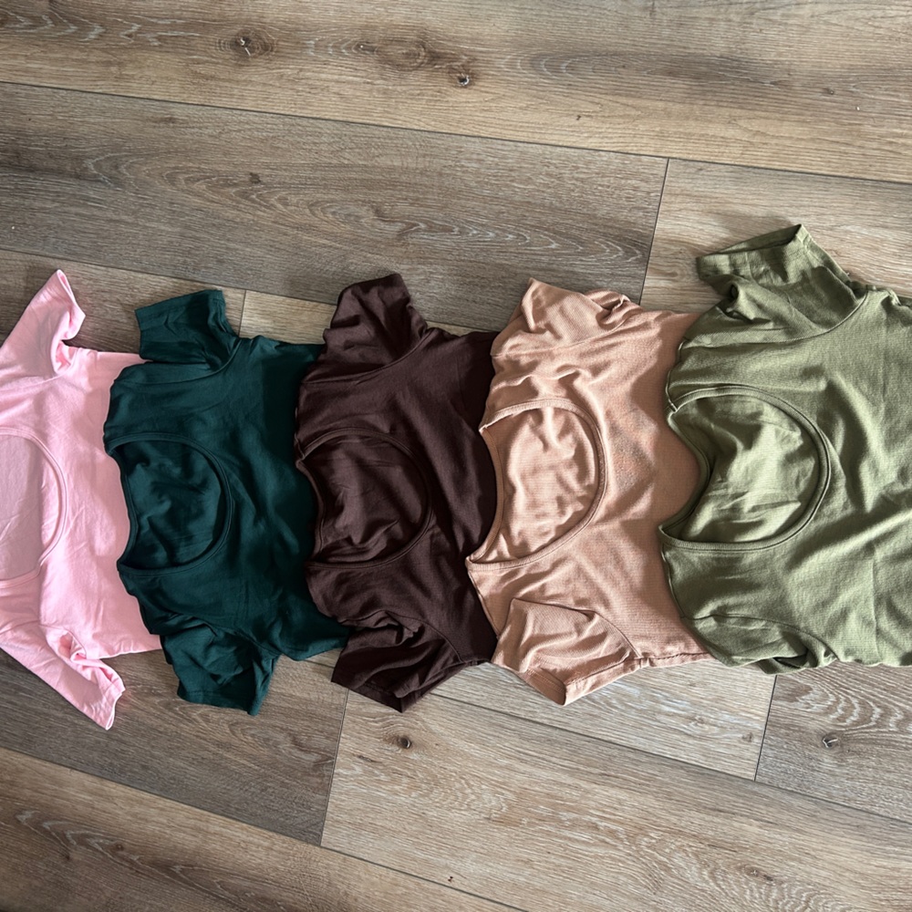 New Women's Scoop Neck Short Sleeve Shirts Ribbed Slim Fitted-Set of 5 Large